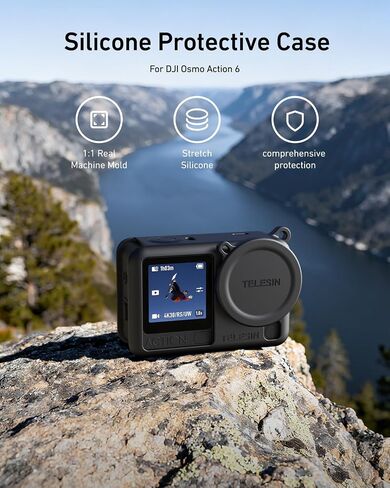 TELESIN Silicone Protective Case for DJI Osmo Action 6 with Lens Cap & Lanyard, Shockproof Anti-Scratch Washable Cover Anti-Slip Dustproof Camera Protection for Action 6 Accessories (Black) in Saudi Arabia