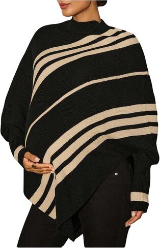 MakeMeChic Women's Maternity Striped Sweater Long Sleeve Mock Neck Fall Pregnancy Pullovers in Saudi Arabia