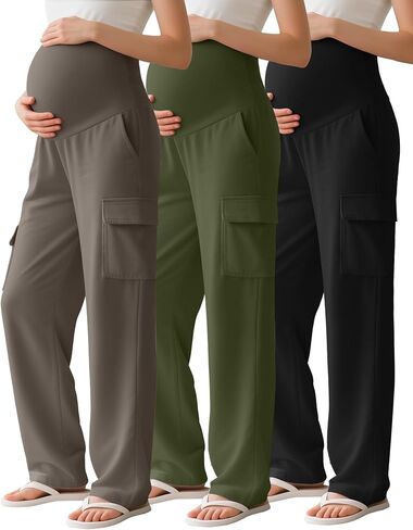 3 Pack Women's Maternity Cargo Pants Over The Belly Causal Stretch Scrub Pants Loose Comfy Pregnancy Sweatpants in Saudi Arabia