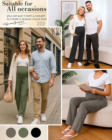 3 Pack Women's Maternity Cargo Pants Over The Belly Causal Stretch Scrub Pants Loose Comfy Pregnancy Sweatpants in Saudi Arabia