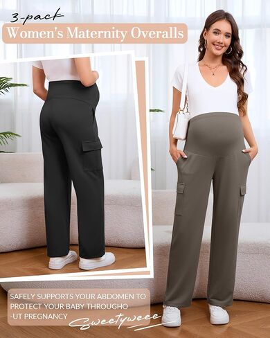 3 Pack Women's Maternity Cargo Pants Over The Belly Causal Stretch Scrub Pants Loose Comfy Pregnancy Sweatpants in Saudi Arabia