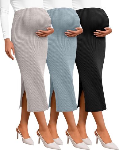 Neer 3 Pack Women's Maternity Skirts, Split Midi High Waist Ribbed Knit Solid Stretchy Pregnancy Pencil Long Skirt Clothes in Saudi Arabia