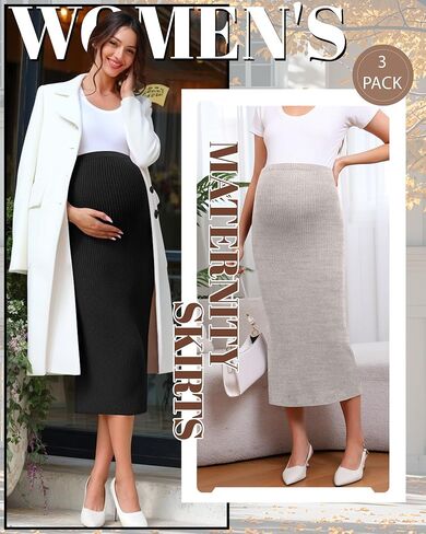 Neer 3 Pack Women's Maternity Skirts, Split Midi High Waist Ribbed Knit Solid Stretchy Pregnancy Pencil Long Skirt Clothes in Saudi Arabia