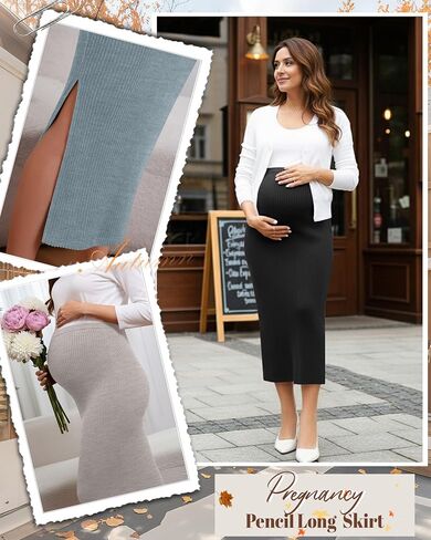 Neer 3 Pack Women's Maternity Skirts, Split Midi High Waist Ribbed Knit Solid Stretchy Pregnancy Pencil Long Skirt Clothes in Saudi Arabia