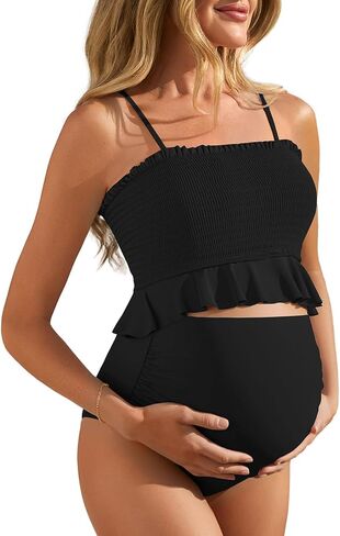 Summer Mae Maternity High Waist Swimsuit Ruffle Hem Bikini Bathing Suit Shirred Bandeau Two Piece Pregnancy Swimwear in Kuwait