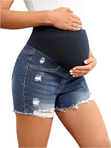 Women's Maternity Skinny Shorts Ripped Raw Hem Elastic Waist Jeans Pregnant Denim Shorts in Saudi Arabia