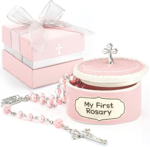 Baptism Gifts for Girl - My First Rosary with Ceramic Keepsake Box, Catholic Christening Gift Set, Pink Rosary for Kids, Baptism, First Communion & Baby Dedication Gifts for Newborn Baby Girls in Saudi Arabia