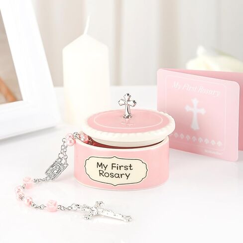 Baptism Gifts for Girl - My First Rosary with Ceramic Keepsake Box, Catholic Christening Gift Set, Pink Rosary for Kids, Baptism, First Communion & Baby Dedication Gifts for Newborn Baby Girls in Saudi Arabia