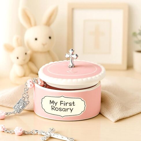 Baptism Gifts for Girl - My First Rosary with Ceramic Keepsake Box, Catholic Christening Gift Set, Pink Rosary for Kids, Baptism, First Communion & Baby Dedication Gifts for Newborn Baby Girls in Saudi Arabia