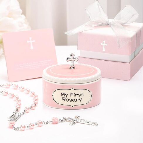 Baptism Gifts for Girl - My First Rosary with Ceramic Keepsake Box, Catholic Christening Gift Set, Pink Rosary for Kids, Baptism, First Communion & Baby Dedication Gifts for Newborn Baby Girls in Saudi Arabia