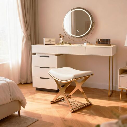 كرسي مكياج ذهبي من Lefedrasticity مع مسند قدم عثماني صغير مبطن بالجلد كرسي مكياج حديث منجد كرسي عثماني لغرفة النوم وغرفة المعيشة وأريكة الحمام in Kuwait