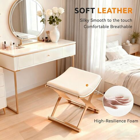 كرسي مكياج ذهبي من Lefedrasticity مع مسند قدم عثماني صغير مبطن بالجلد كرسي مكياج حديث منجد كرسي عثماني لغرفة النوم وغرفة المعيشة وأريكة الحمام in Kuwait