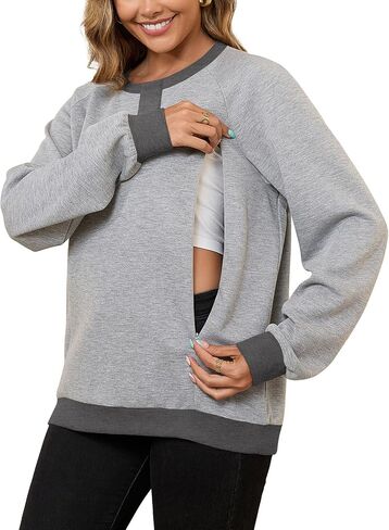 Bhome Nursing Sweatshirt Maternity Breastfeeding Shirts Hidden Zipper Long Sleeve Nursing Tops Loose Fit with Pockets in Saudi Arabia