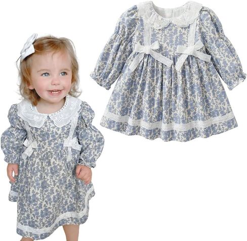 Simplee kids Baby Girls Smocked Dress Handmade Spring Fall Casual Dresses Floral Print Sundress Princess Dress for Toddlers in Kuwait