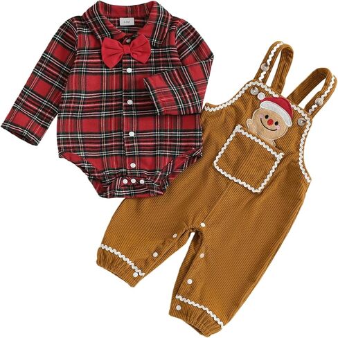 Baby Boy First Christmas Outfit Newborn Long Sleeve Romper Plaid Overall Pants Hat Infant Winter Clothes in Saudi Arabia