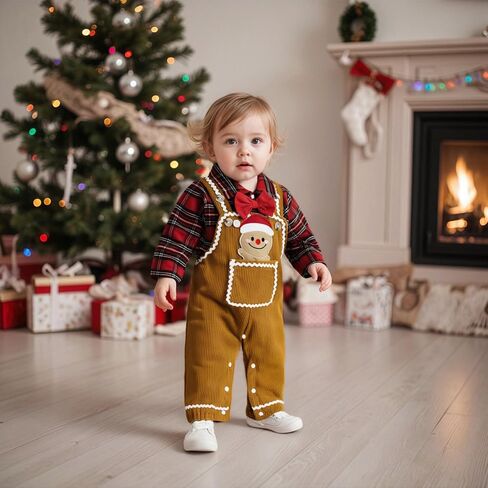 Baby Boy First Christmas Outfit Newborn Long Sleeve Romper Plaid Overall Pants Hat Infant Winter Clothes in Saudi Arabia