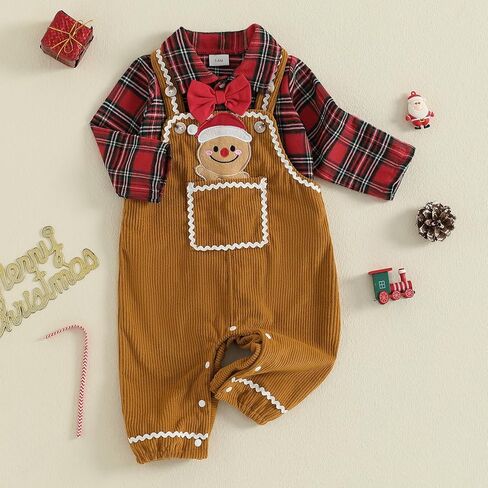 Baby Boy First Christmas Outfit Newborn Long Sleeve Romper Plaid Overall Pants Hat Infant Winter Clothes in Saudi Arabia
