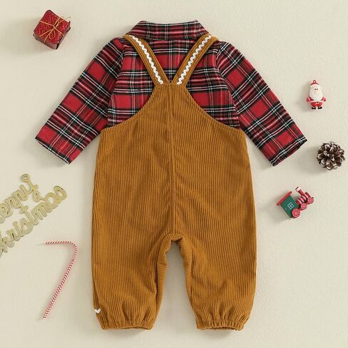 Baby Boy First Christmas Outfit Newborn Long Sleeve Romper Plaid Overall Pants Hat Infant Winter Clothes in Saudi Arabia
