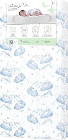 مرتبة Dream On me مقاس 5 بوصات Cozy Cloud 2 في 1 لسرير الأطفال والأطفال الصغار، مزدوجة الجوانب - للرضع والأطفال الصغار، مسامية ومقاومة للماء، 75% من الألياف المعاد تدويرها، معتمدة من GREENGUARD Gold & Baby Safety Alliance - Blue Cloud in Saudi Arabia