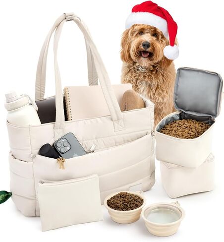 Puffer Dog Travel Bag for Dog Moms – Doggy Diaper Bag with Pet Bowls & Food Storage or Everyday Puffy Tote – Christmas Doggy Mom Gifts for Women – Lightweight, Travel-Ready Gift for Pet Lovers – Beige in Saudi Arabia