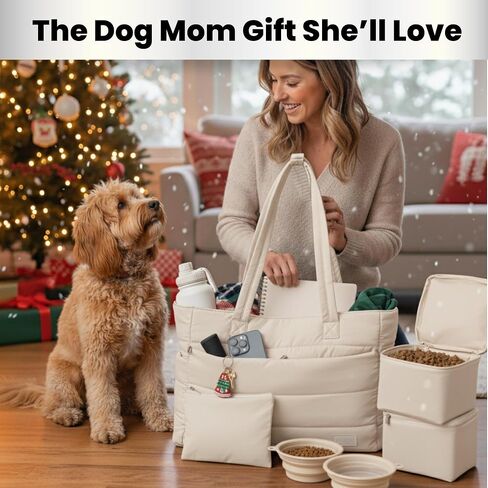 Puffer Dog Travel Bag for Dog Moms – Doggy Diaper Bag with Pet Bowls & Food Storage or Everyday Puffy Tote – Christmas Doggy Mom Gifts for Women – Lightweight, Travel-Ready Gift for Pet Lovers – Beige in Saudi Arabia