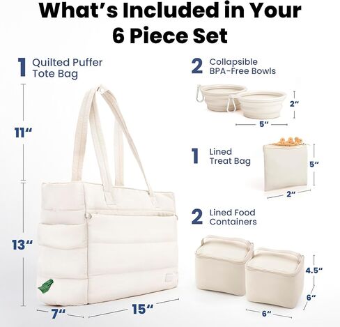 Puffer Dog Travel Bag for Dog Moms – Doggy Diaper Bag with Pet Bowls & Food Storage or Everyday Puffy Tote – Christmas Doggy Mom Gifts for Women – Lightweight, Travel-Ready Gift for Pet Lovers – Beige in Saudi Arabia