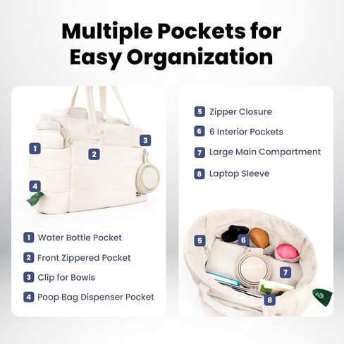 Puffer Dog Travel Bag for Dog Moms – Doggy Diaper Bag with Pet Bowls & Food Storage or Everyday Puffy Tote – Christmas Doggy Mom Gifts for Women – Lightweight, Travel-Ready Gift for Pet Lovers – Beige in Saudi Arabia