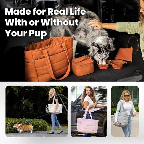 Puffer Dog Travel Bag for Dog Moms – Doggy Diaper Bag with Pet Bowls & Food Storage or Everyday Puffy Tote – Christmas Doggy Mom Gifts for Women – Lightweight, Travel-Ready Gift for Pet Lovers – Beige in Saudi Arabia