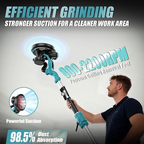 ماكينة صنفرة الحوائط الجافة، أداة إزالة سقف الفشار بقدرة 1000 وات، ماكينة سنفرة الحوائط الجافة الكهربائية مع مجموعة غبار مفرغة، 30 قطعة أقراص سنفرة، 6 سرعات متغيرة 800-2200 دورة في الدقيقة، ضوء LED، مقبض قابل للطي والتمديد in Kuwait