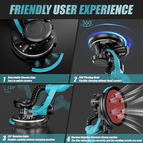ماكينة صنفرة الحوائط الجافة، أداة إزالة سقف الفشار بقدرة 1000 وات، ماكينة سنفرة الحوائط الجافة الكهربائية مع مجموعة غبار مفرغة، 30 قطعة أقراص سنفرة، 6 سرعات متغيرة 800-2200 دورة في الدقيقة، ضوء LED، مقبض قابل للطي والتمديد in Kuwait
