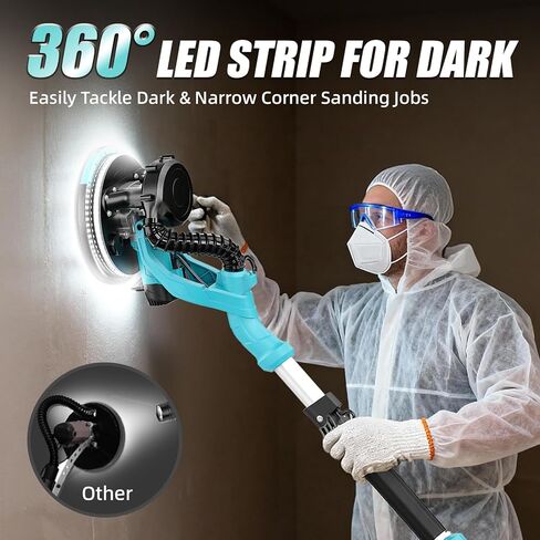 ماكينة صنفرة الحوائط الجافة، أداة إزالة سقف الفشار بقدرة 1000 وات، ماكينة سنفرة الحوائط الجافة الكهربائية مع مجموعة غبار مفرغة، 30 قطعة أقراص سنفرة، 6 سرعات متغيرة 800-2200 دورة في الدقيقة، ضوء LED، مقبض قابل للطي والتمديد in Kuwait