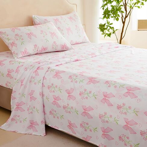 Bow Sheet Set Twin for Girls Kids Pink Floral Fitted Sheet Set Soft Microfiber Fitted Flat Sheets & Pillowcases - Princess Style Bowknot Bedding Sets Toddlers 3 Pieces Cute Sweet Bed Set in Saudi Arabia