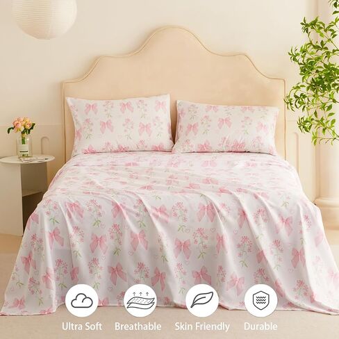 Bow Sheet Set Twin for Girls Kids Pink Floral Fitted Sheet Set Soft Microfiber Fitted Flat Sheets & Pillowcases - Princess Style Bowknot Bedding Sets Toddlers 3 Pieces Cute Sweet Bed Set in Saudi Arabia