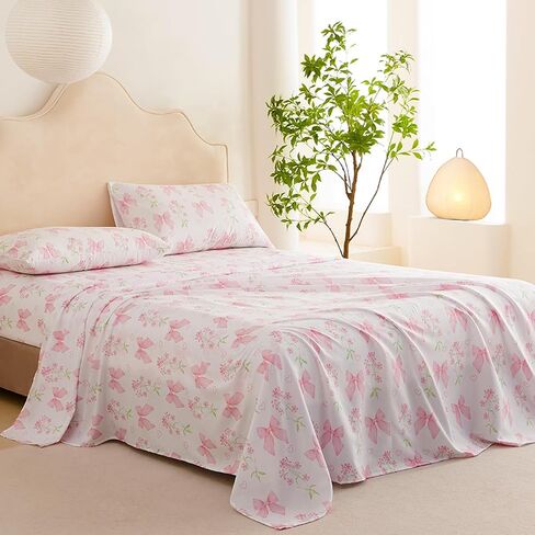 Bow Sheet Set Twin for Girls Kids Pink Floral Fitted Sheet Set Soft Microfiber Fitted Flat Sheets & Pillowcases - Princess Style Bowknot Bedding Sets Toddlers 3 Pieces Cute Sweet Bed Set in Saudi Arabia