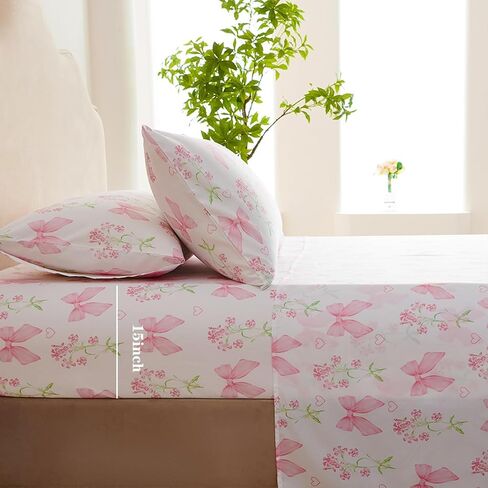 Bow Sheet Set Twin for Girls Kids Pink Floral Fitted Sheet Set Soft Microfiber Fitted Flat Sheets & Pillowcases - Princess Style Bowknot Bedding Sets Toddlers 3 Pieces Cute Sweet Bed Set in Saudi Arabia