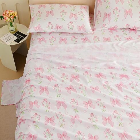 Bow Sheet Set Twin for Girls Kids Pink Floral Fitted Sheet Set Soft Microfiber Fitted Flat Sheets & Pillowcases - Princess Style Bowknot Bedding Sets Toddlers 3 Pieces Cute Sweet Bed Set in Saudi Arabia