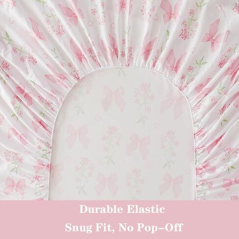 Bow Sheet Set Twin for Girls Kids Pink Floral Fitted Sheet Set Soft Microfiber Fitted Flat Sheets & Pillowcases - Princess Style Bowknot Bedding Sets Toddlers 3 Pieces Cute Sweet Bed Set in Saudi Arabia