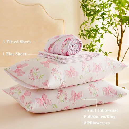 Bow Sheet Set Twin for Girls Kids Pink Floral Fitted Sheet Set Soft Microfiber Fitted Flat Sheets & Pillowcases - Princess Style Bowknot Bedding Sets Toddlers 3 Pieces Cute Sweet Bed Set in Saudi Arabia