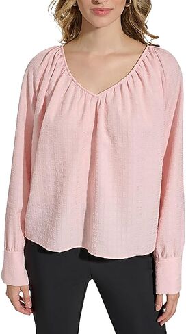 Calvin Klein Womens V Neck Bishop Sleeve Blouse Pink L in Saudi Arabia