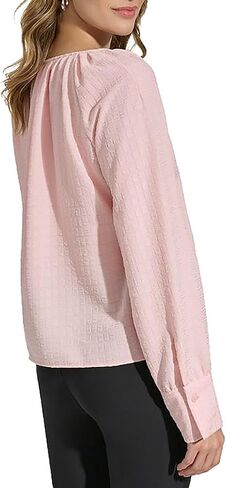 Calvin Klein Womens V Neck Bishop Sleeve Blouse Pink L in Saudi Arabia