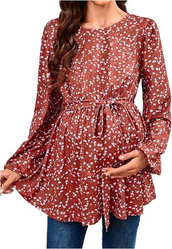 MakeMeChic Women's Maternity Blouse Floral Lantern Sleeve Crew Neck Belted Pregrancy Shirt Tops in Saudi Arabia