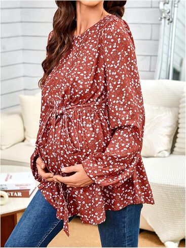 MakeMeChic Women's Maternity Blouse Floral Lantern Sleeve Crew Neck Belted Pregrancy Shirt Tops in Saudi Arabia