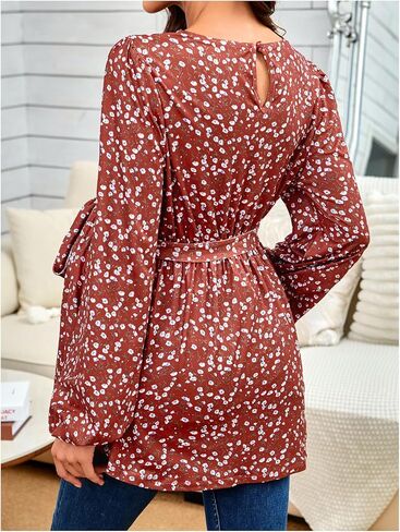 MakeMeChic Women's Maternity Blouse Floral Lantern Sleeve Crew Neck Belted Pregrancy Shirt Tops in Saudi Arabia