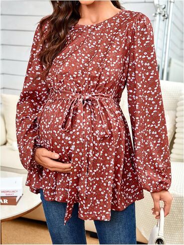 MakeMeChic Women's Maternity Blouse Floral Lantern Sleeve Crew Neck Belted Pregrancy Shirt Tops in Saudi Arabia