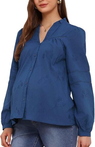 Womens Maternity Top Long Sleeve Button Shirt Lace Trim Blouse V Neck Cotton Casual Office Pregnancy Blouse in Kuwait