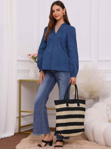 Womens Maternity Top Long Sleeve Button Shirt Lace Trim Blouse V Neck Cotton Casual Office Pregnancy Blouse in Kuwait