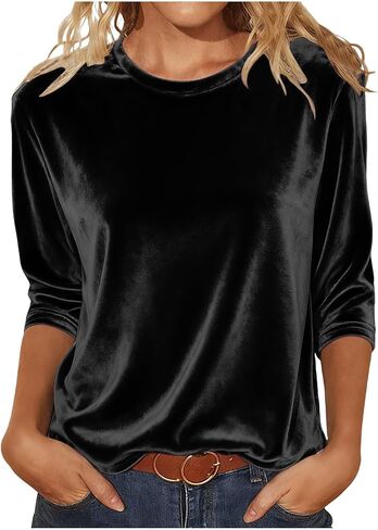 Velvet Tops for Women Dressy Casual Crewneck 3/4 Sleeve Velour Shirt Fall Winter Fashion Comfy Tshirts Blouses in Saudi Arabia