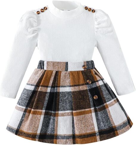 Toddler Girl Clothes,Girls Clothes Skirt Set Puff Sleeve Tops + Plaid Skirt 2 Pcs Fall Winter Outfits in Saudi Arabia