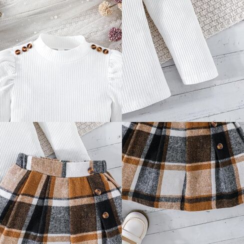 Toddler Girl Clothes,Girls Clothes Skirt Set Puff Sleeve Tops + Plaid Skirt 2 Pcs Fall Winter Outfits in Saudi Arabia