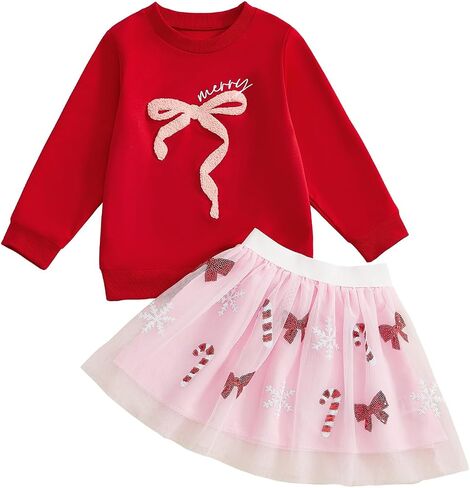 Dcohmch Toddler Girl Christmas Outfit Bow Embroidery Long Sleeve Sweatshirt Sequin Candy Tulle Skirt Fall Winter Clothes in Saudi Arabia